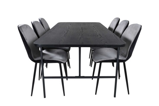Venture Design Uno & Emma spisegruppe Grå/svart 6 stoler & bord 200 x 90 cm