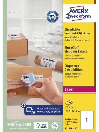 Avery Etiketter med BlockOut™ , 100 % dekkende, 199,6 x 289,1 mm, Hvit