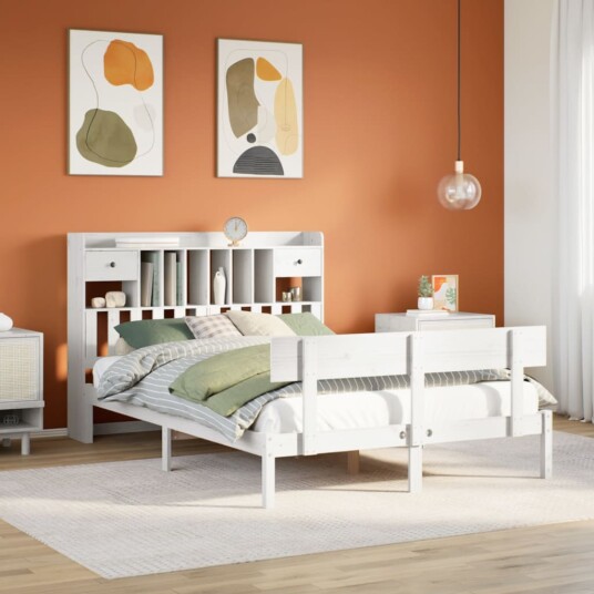  Seng med bokhylle uten madrass hvit 160x200 cm heltre furu 8721158606266
