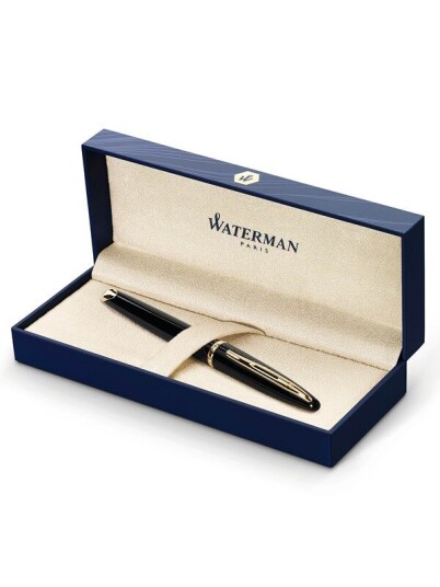 Waterman Carène Svart Sea Fountain Pen  High-Gloss Svart & 23k Gull Clip  Medium Nib with Blå Ink Cartridge  Gift Box