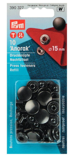 Trykknapper anorak refil 10 stk x 15 mm svart
