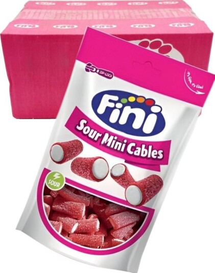 16 stk Fini Sour Mini Cables Korte Sure Lakrisstenger med Fyll Hel Eske 2,64 kg 16 stk Fini Sour Mini Cables Korte Sure Lakrisstenger med Fyll Hel Eske 2,64 kg