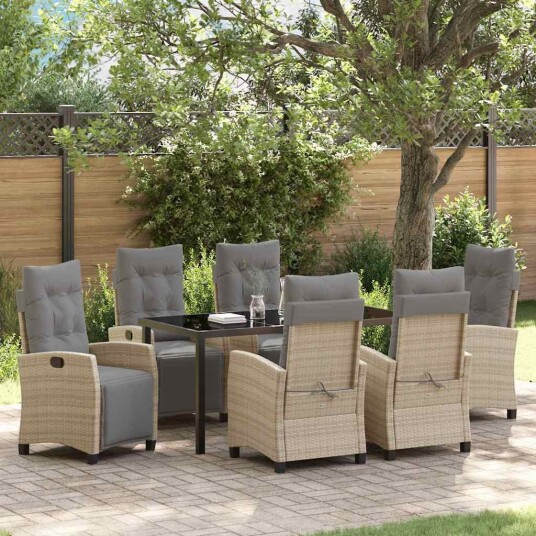 7 Delt Hage Dining Sett Beige Poly Rattan