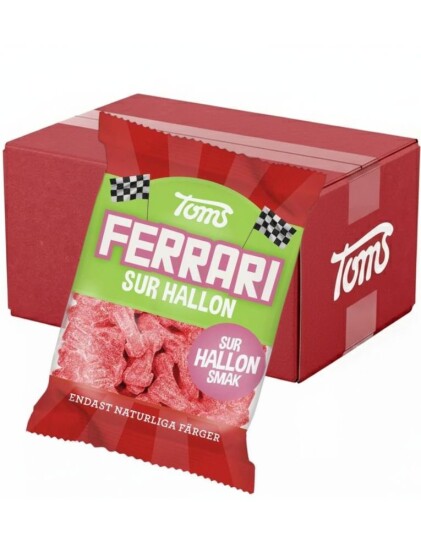 30 stk Toms Ferrari Sur Hallon   Bilformede Vingummibiter med Sur Bringebærsmak   Hel Eske 3,6 kg