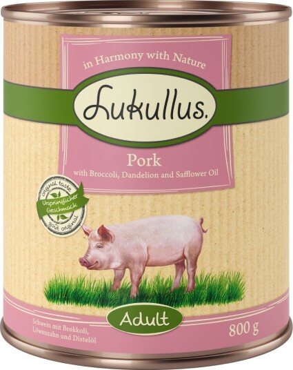 Lukullus Naturkost Adult Kornfri 6 X 800 G Svinekjøtt Med Brokkoli Løvetann Og Saflorolje