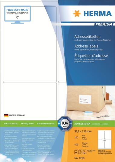Herma Premium - Papir - Matt - Permanent Selv-Adhesiv - Hvit - 99.1 X 139 Mm 400 Etikett(Er) (100 Ark X 4) Laminerte Adresseetiketter