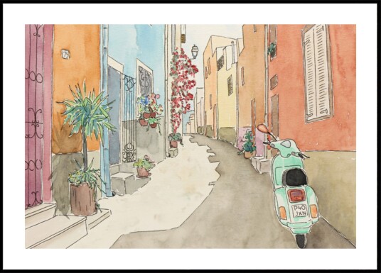 Charming European Street Scooter Plakat / 21x30