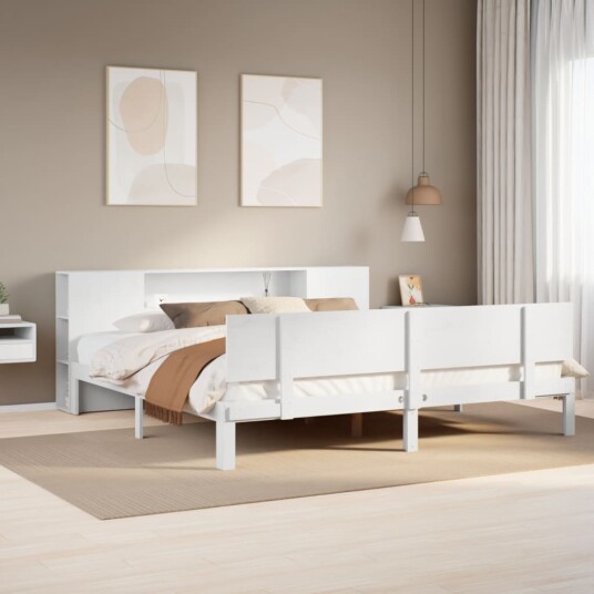 Seng med bokhylle uten madrass hvit 180x200 cm heltre furu 8721158614261