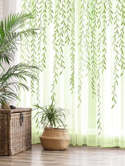 Willow Voile Gardiner Søte Grønne Skjær Blad Tyll Vin Vindu Skjær Ivy Vakre Gardiner for Stue Soverom Vindu Dør Balkong