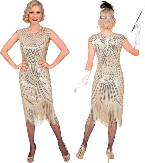Deluxe Roaring 20's Gatsby Flapper Sølvfarget og Kremhvit Flapperkjole til Dame Large Voksenkostyme 15523