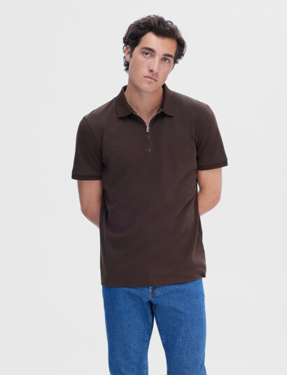 Selected Slhfave Zip Ss Polo Noos - Brown - S Selected Slhfave Zip Ss Polo Noos - Brown - S
