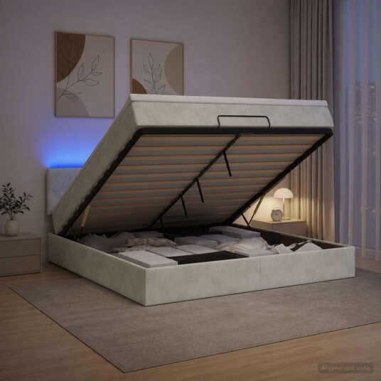 vidaXL Ottoman Seng med Madrass og LED Lysegrå 140 x 190 cm Fløyel