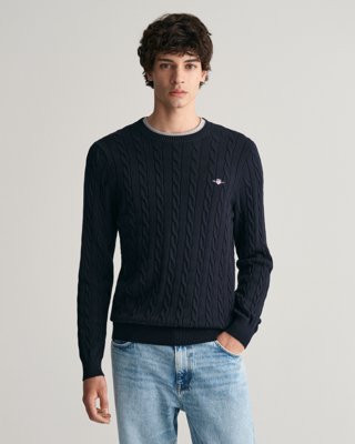 Gant Kabelstrikket genser i bomull med rund hals EVENING BLUE XL