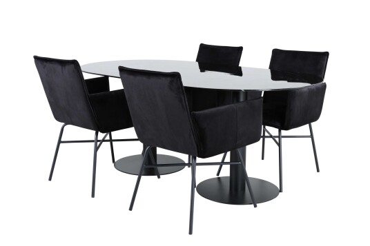 Venture Design Pillan & Petra spisegruppe Svart/svart 4 stoler & bord 180 x 100 cm