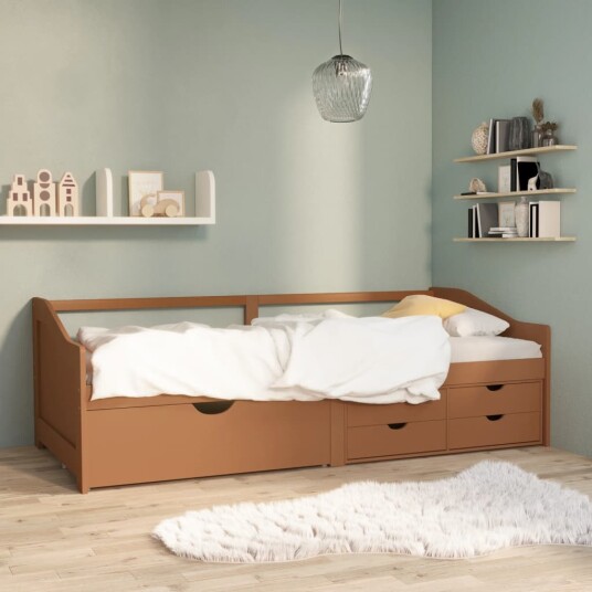 vidaXL Sengeramme 3 seter med skuffer heltre furu 90x200 cm honningbrun