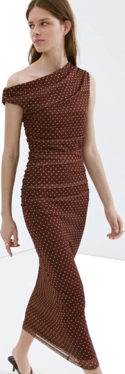 Mango Fitted Polka Dot Midi Dress Brown S Mango Fitted Polka Dot Midi Dress Brown S