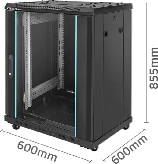 Qoltec Rack Skap 600 X 855 X 600 Tempered Glass Door Feet + Casters Steel Case Lock Fritt Stående Svart 15U 19" Qoltec Rack Skap 600 X 855 X 600 Tempered Glass Door Feet + Casters Steel Case Lock Fritt Stående Svart 15U 19"
