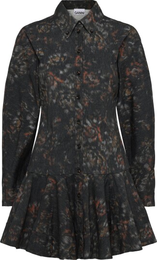 Ganni Stretch Cotton Buttoned Mini Dress In Phantom Floral Grey 36 Ganni Stretch Cotton Buttoned Mini Dress In Phantom Floral Grey 36