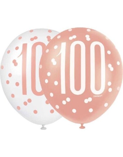 Unique 100 Års Dagen 6 stk Hvit og Rosegullfarget Ballonger 30,4 cm 84925