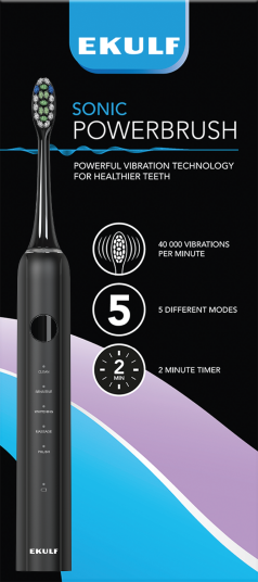 Ekulf Sonic PowerBrush elektrisk tannbørste Black med 40 000 vibrasjoner