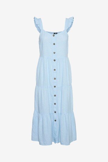 Vero Moda - Kjole i lin vmLinn SL Calf Button Dress - Blå