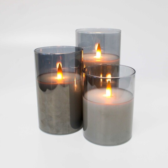 Ledlife LED Blokklys sett i røkfarget glass Ø7,5cm 3 stk flammeeffekt   Inkl. fjernkontroll og timer 10/12,5/15cm høy ekte stearin