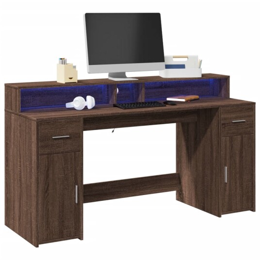 Skrivebord med LED-lys brun eik 160x55x91 cm konstruert tre