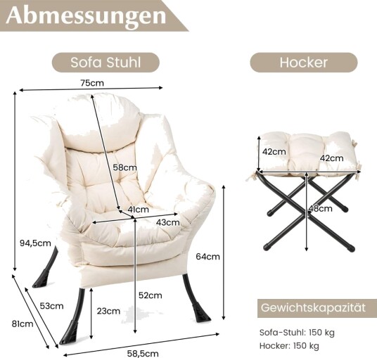 Lenestol med krakk & armlener & sidelomme & fotstøtte avslapningsstol vingestol beige