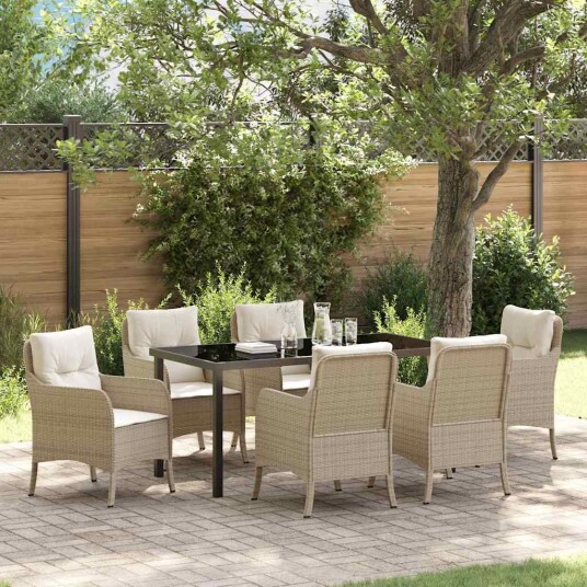 7 Delers Hage Spisesett med Puter Beige Poly Rattan