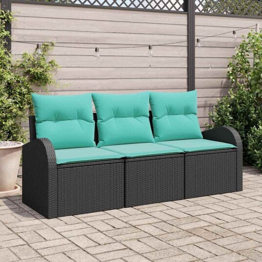 vidaXL Hagesofa Set med lagring 3 pcs Svart og turkis Poly rattan