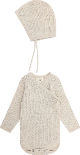 Copenhagen Colors 2 Pack Merino Pointelle Baby Cross Over & Baby Bonnet Hat   PALE CREAM   62/68/3 6M