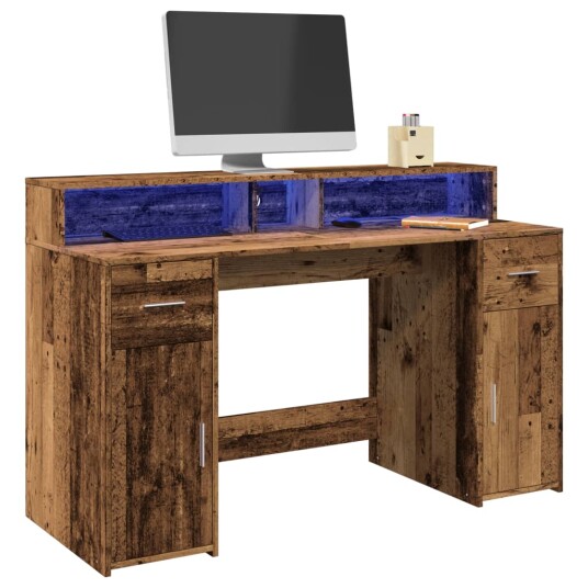 Skrivebord med LED-lys gammelt tre 140x55x91 cm konstruert tre