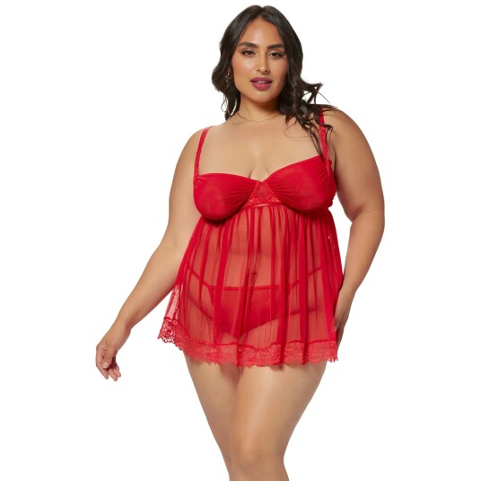 Seven 'til Midnight Todelt Tyll Babydoll og Trusesett Plus Size - Red - XL/2XL