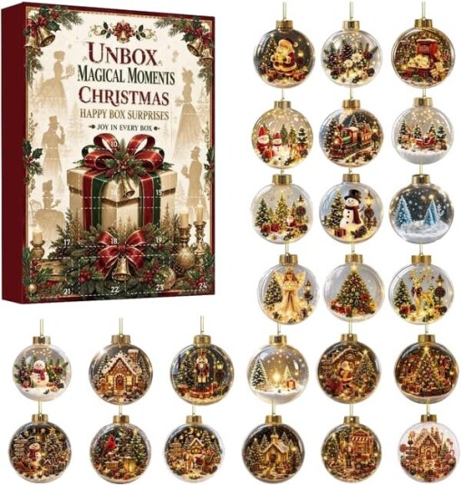 Vintage julekalender 24 dagers akrylpyntsett B 24 unike design med løkker. En omtenksom julegave til familien