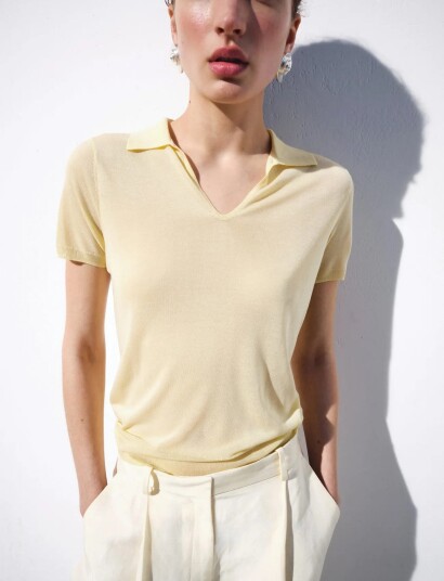 Mango Fine Knit Lyocell Polo Shirt Yellow S