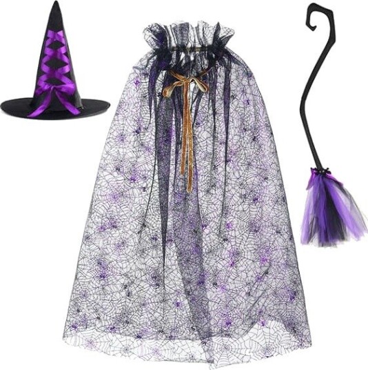 Halloween Heksekostymesett til Dame med Spindelvevkappe, Hatt og Kost 3 Deler