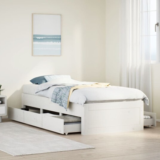  Sengeramme uten madrass med skuffer hvit 75x190 cm heltre furu 8721158382689