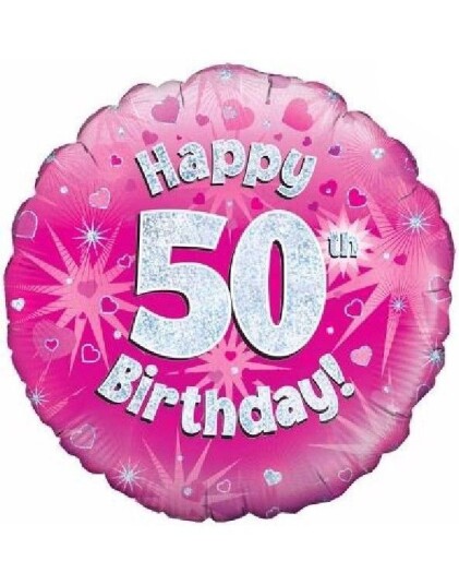 Happy 50th Birthday Rosa Holografisk Folieballong 45 cm