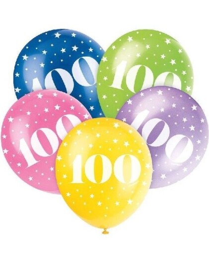 Unique 100 Års Feiring 5 stk Flerfarget Ballonger 30,4 cm 56104