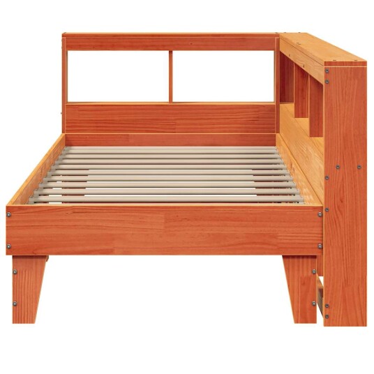 Seng med bokhylle uten madrass voksbrun 90x200 cm heltre furu