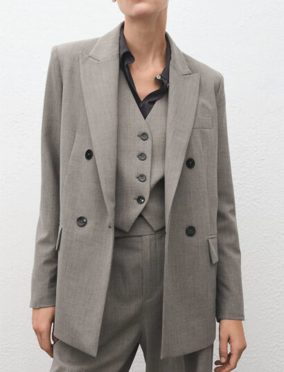 Mango Double-Breasted Wool Blend Blazer - Grey - S Mango Double-Breasted Wool Blend Blazer - Grey - S