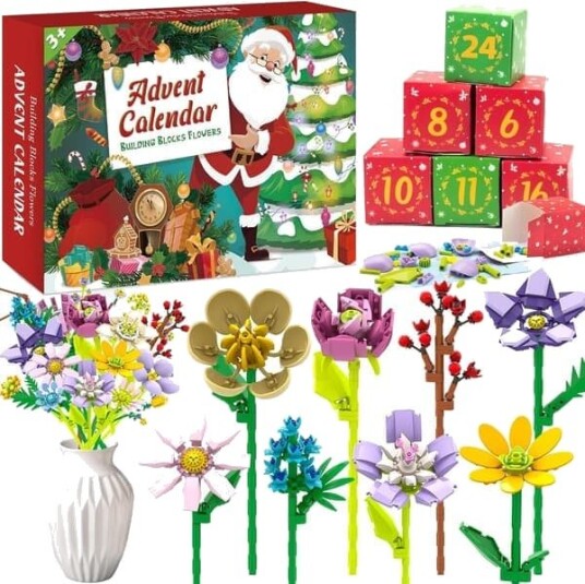 Blomsterjulekalender 2026 – 24 dager med nedtelling til jul byggesett | 24 unike blomsterbukettsett – 4,9 mm ABS klosser | STEM julegave