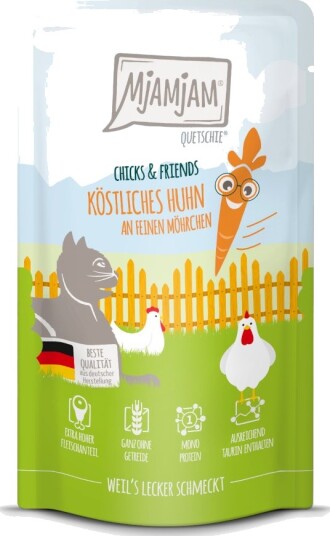 Mjamjam Våtfôr Quetschie Chicks & Friends Deilig Med Fine Gulrøtter Kylling 12 X 125 G