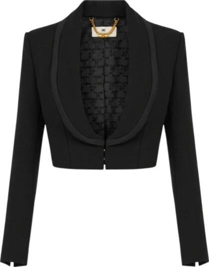 Elisabetta Franchi Svart Blazer med Satengslag og Strukturerte Skuldre, L Elisabetta Franchi Svart Blazer med Satengslag og Strukturerte Skuldre, L