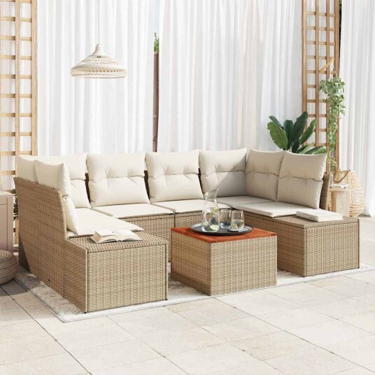 7-delt hagesofa-sett med puter i beige poly rattan og akasietre