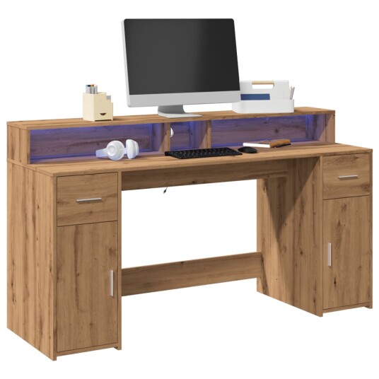 Skrivebord med LED-lys artisan eik 160x55x91 cm konstruert tre