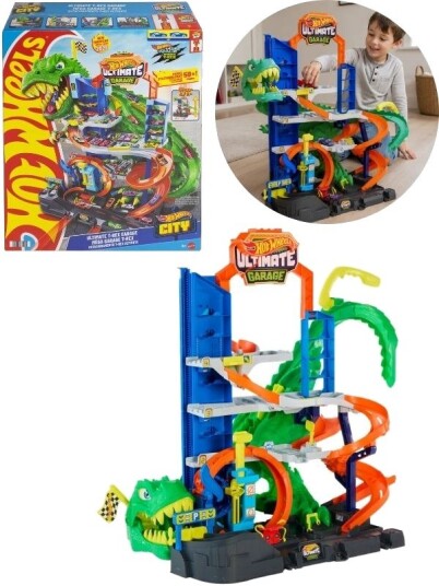 Hot Wheels City Ultimate Garage T-Rex Lekesett Med 2 Biler 80cm