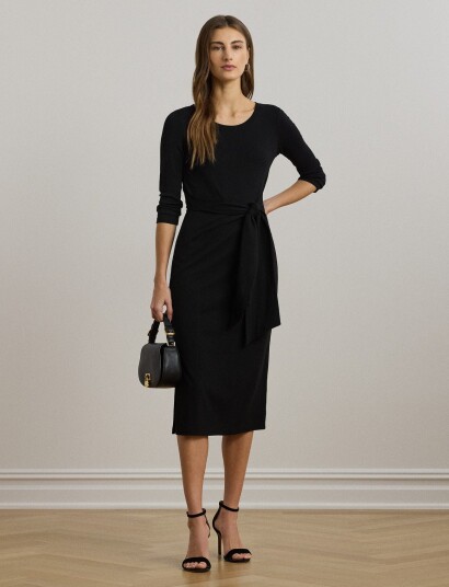 Lauren Ralph Lauren Tie Front Cotton Blend Crewneck Dress   Black   M