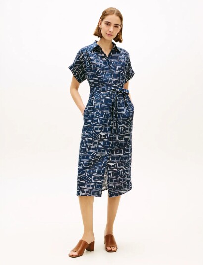 Tommy Hilfiger Linen Belted Knee Ss Shirt Dress Navy XS