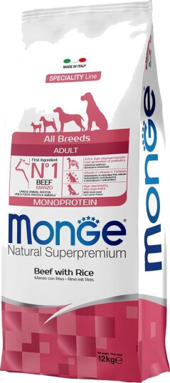 Monge Superpremium Dog Tørrfôr Monoprotein Med Ris Til Hunder Oksekjøtt 12 kg